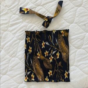 Navy floral scrunch  tube top with matching neck tie